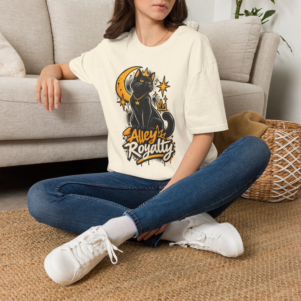 Alley Royalty T-Shirt — Black Cat Crown Moon Graphic Tee