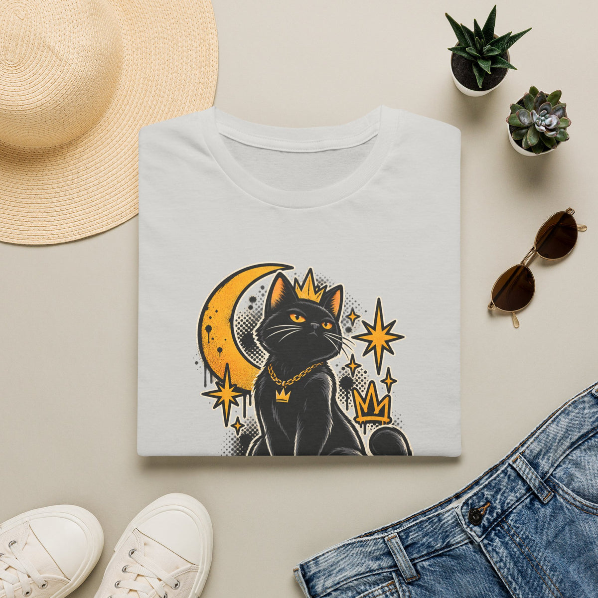 Alley Royalty T-Shirt — Black Cat Crown Moon Graphic Tee