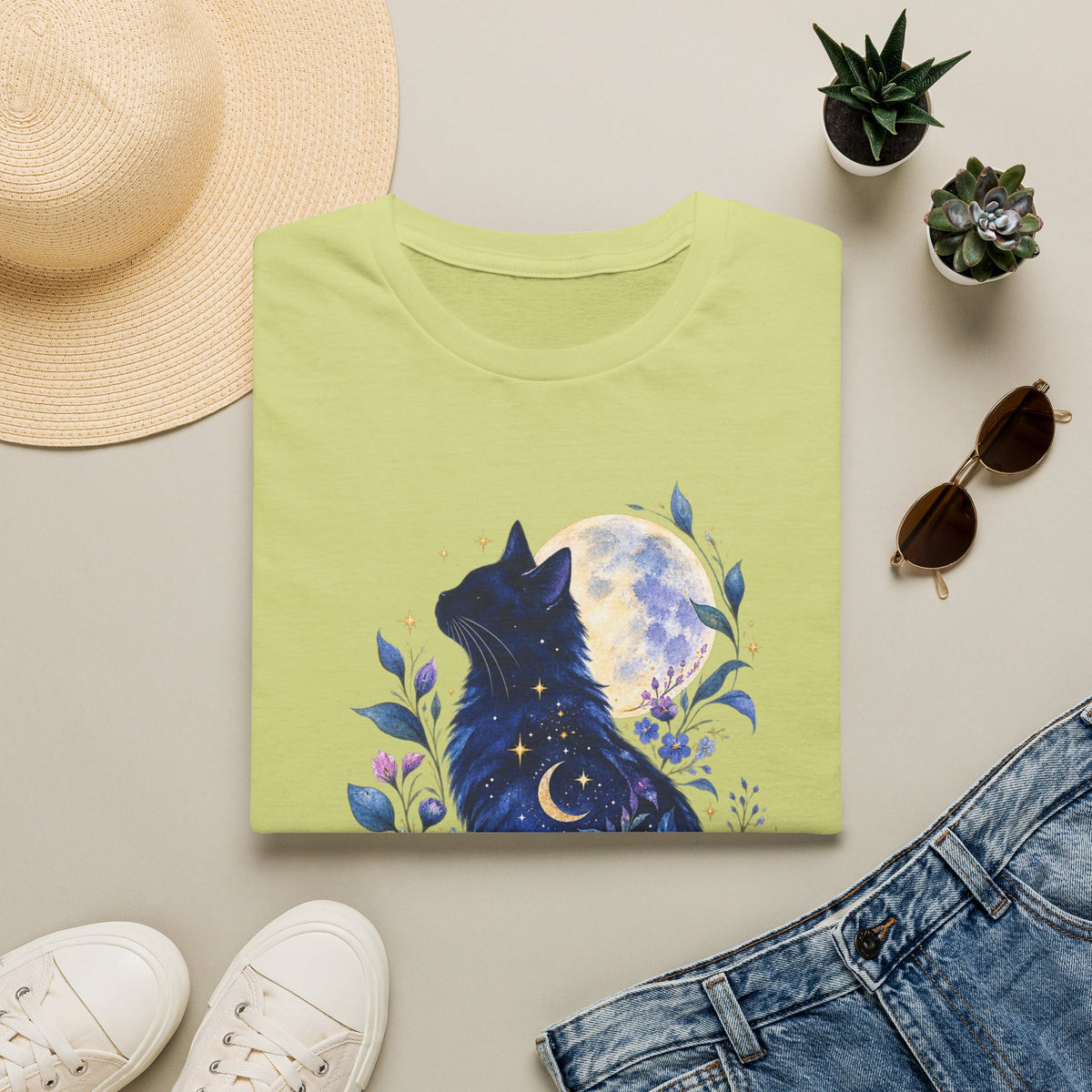 Moonlit Cat T-Shirt — Night Sky Floral Cat Silhouette Tee
