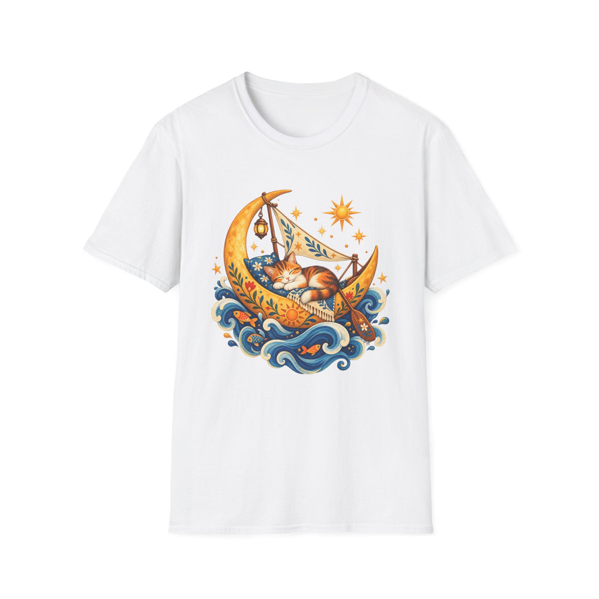 Cat on Crescent Moon T-Shirt — Whimsical Sleepy Cat Boho Tee