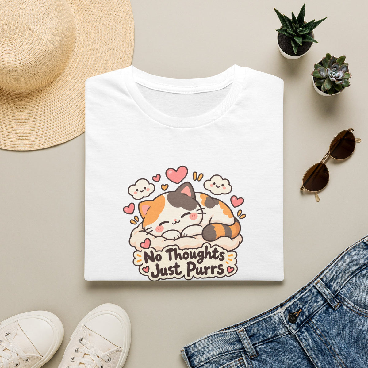 Cat T-Shirt — "No Thoughts Just Purrs" Cute Calico Sleeping Kitty Tee
