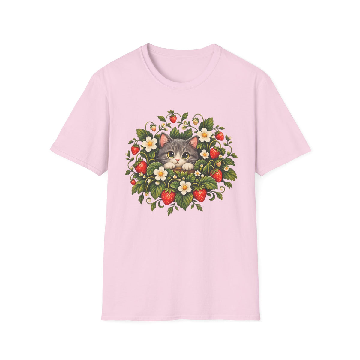 Cat in Strawberry Patch T-Shirt — Cute Floral Kitten Graphic Tee
