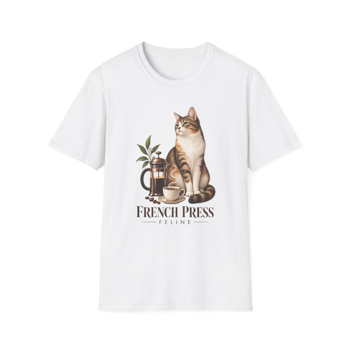 Cat & French Press T-Shirt — Cozy Coffee Lover Cat Tee