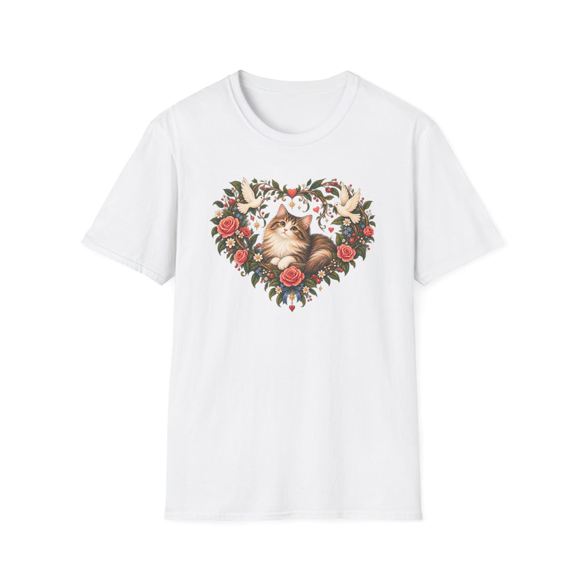 Cat Heart Floral T-Shirt — Vintage Rose & Dove Kitty Tee