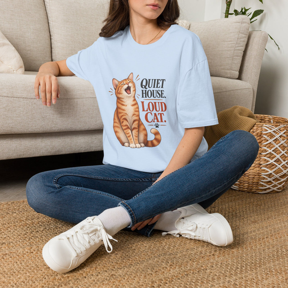 Cat T-Shirt — "Quiet House. Loud Cat." Cute Yawning Tabby Graphic Tee for Cat Lovers