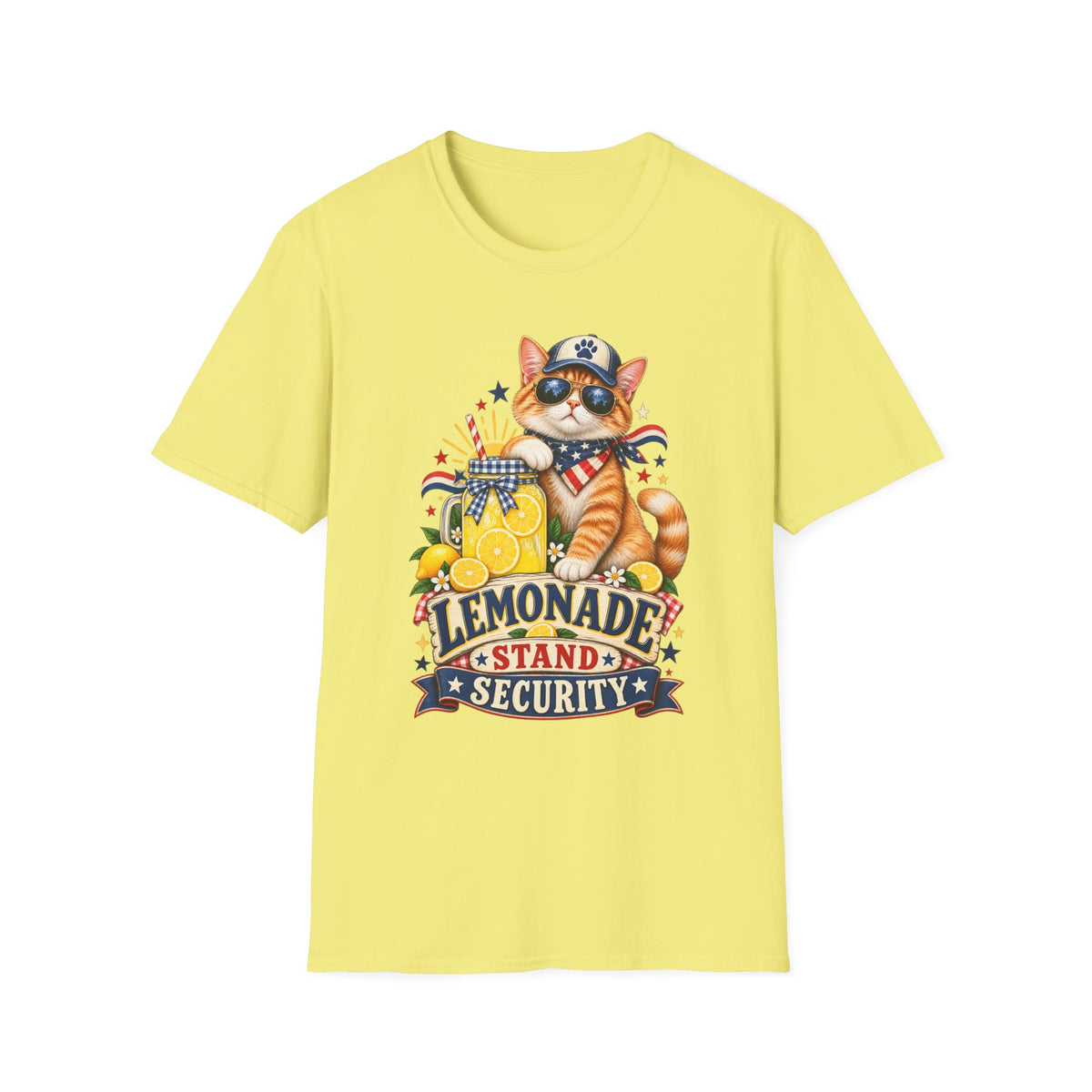 Patriotic Cat Lemonade Stand T-Shirt — "Lemonade Stand Security" Cute 4th of July Tee
