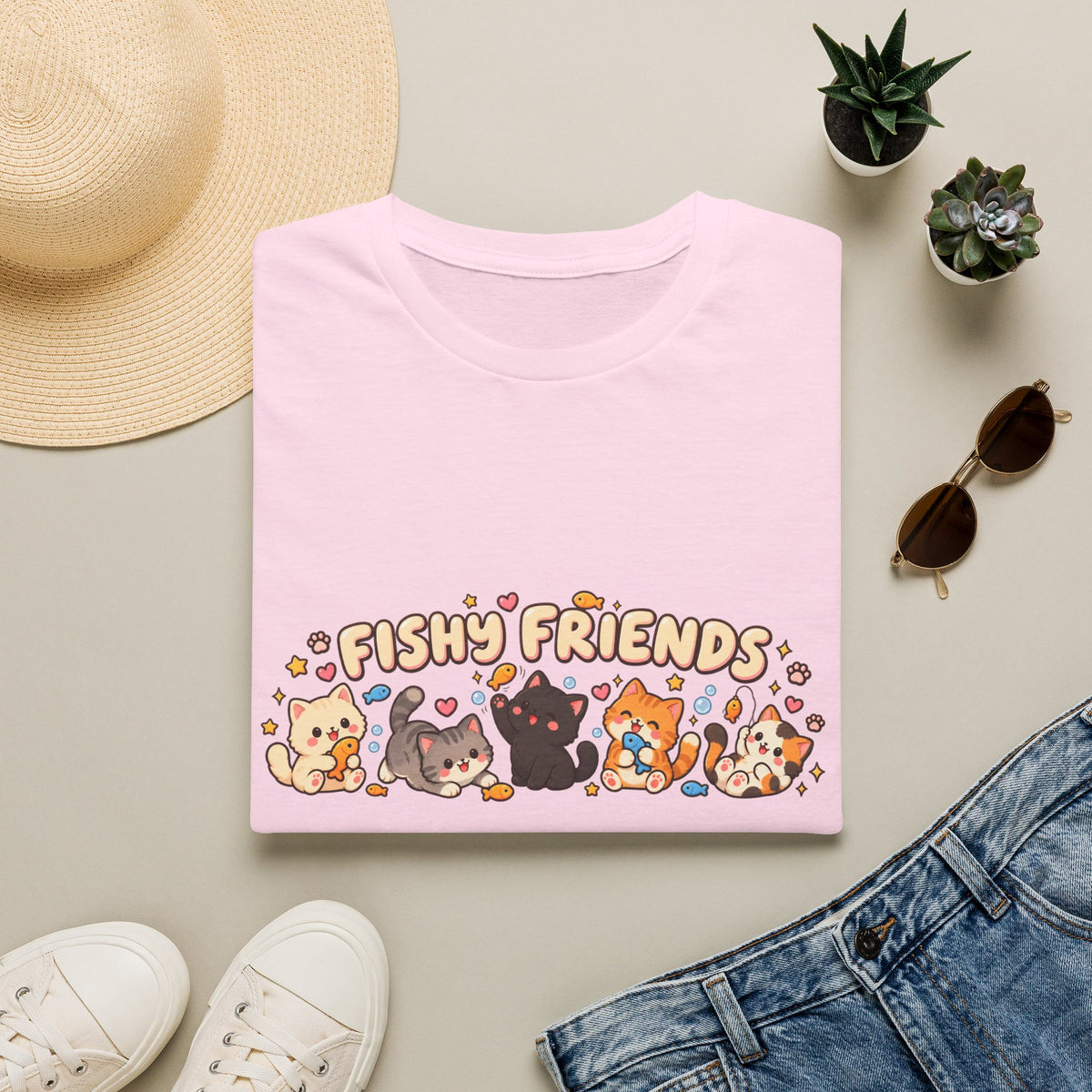T-Shirt — Cute "Fishy Friends" Cat Graphic Tee | Kawaii Cat Lover Gift