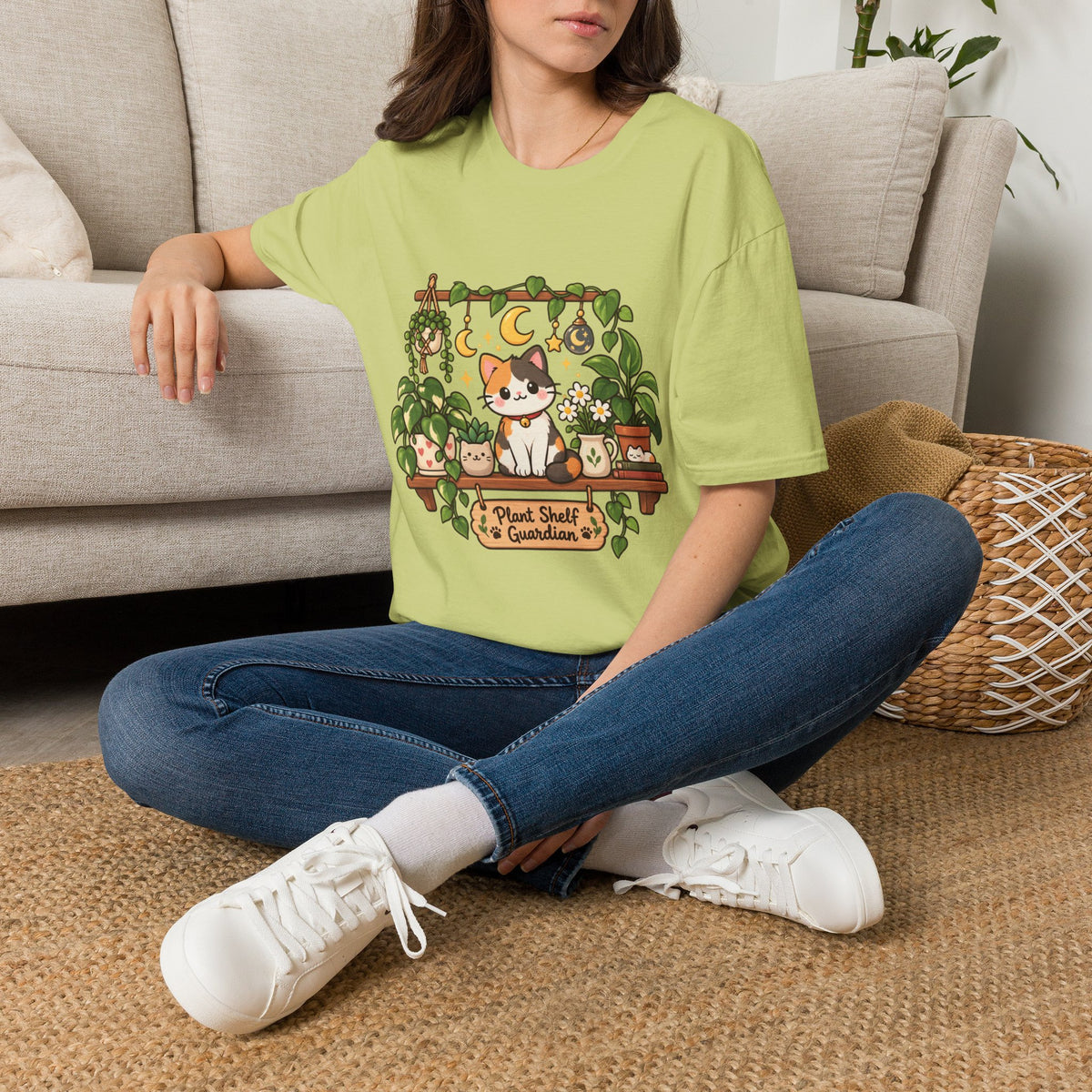 Plant Mom Cat T-Shirt — Calico Cat Among Houseplants with 'Plant Stuff + Gratitude' Design
