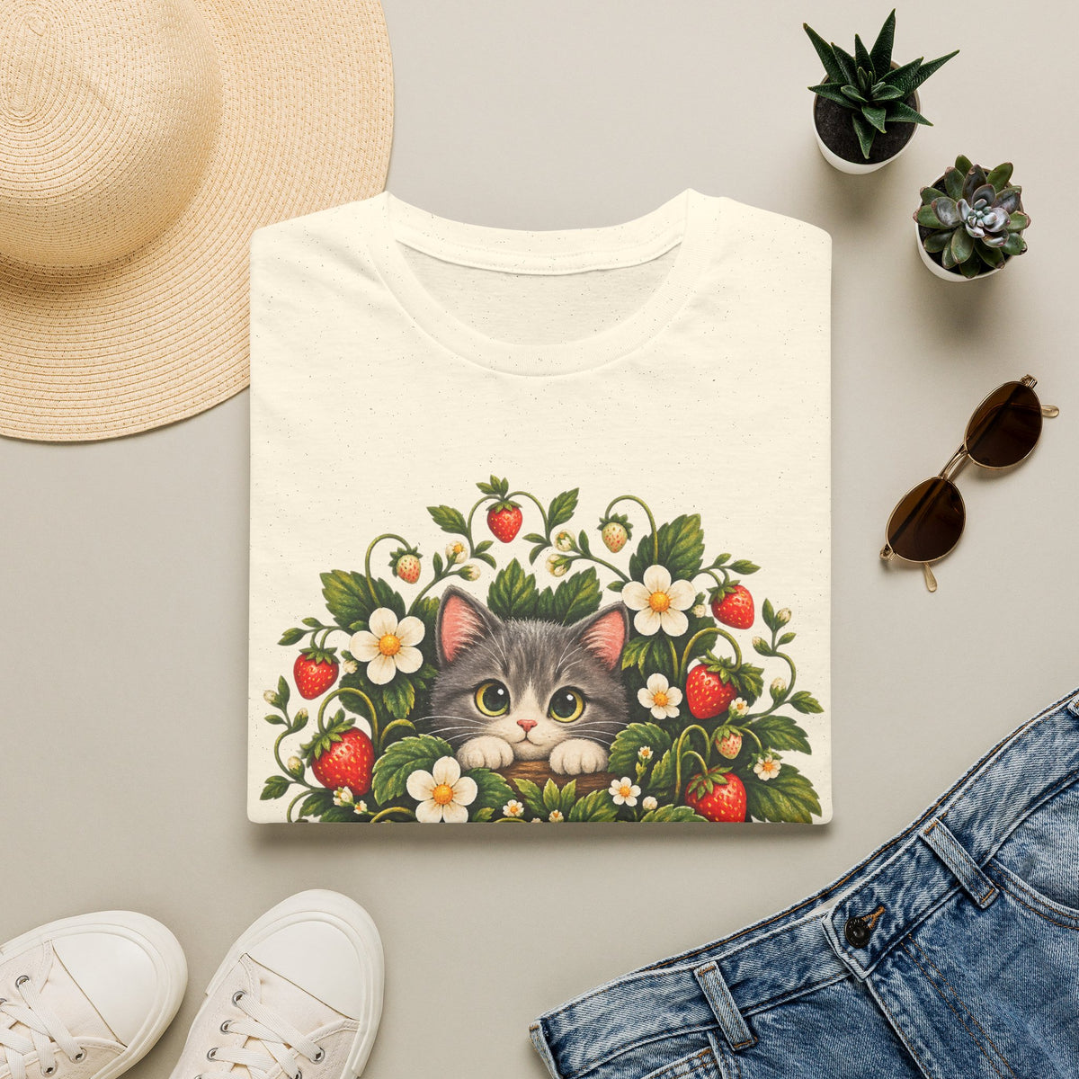 Cat in Strawberry Patch T-Shirt — Cute Floral Kitten Graphic Tee