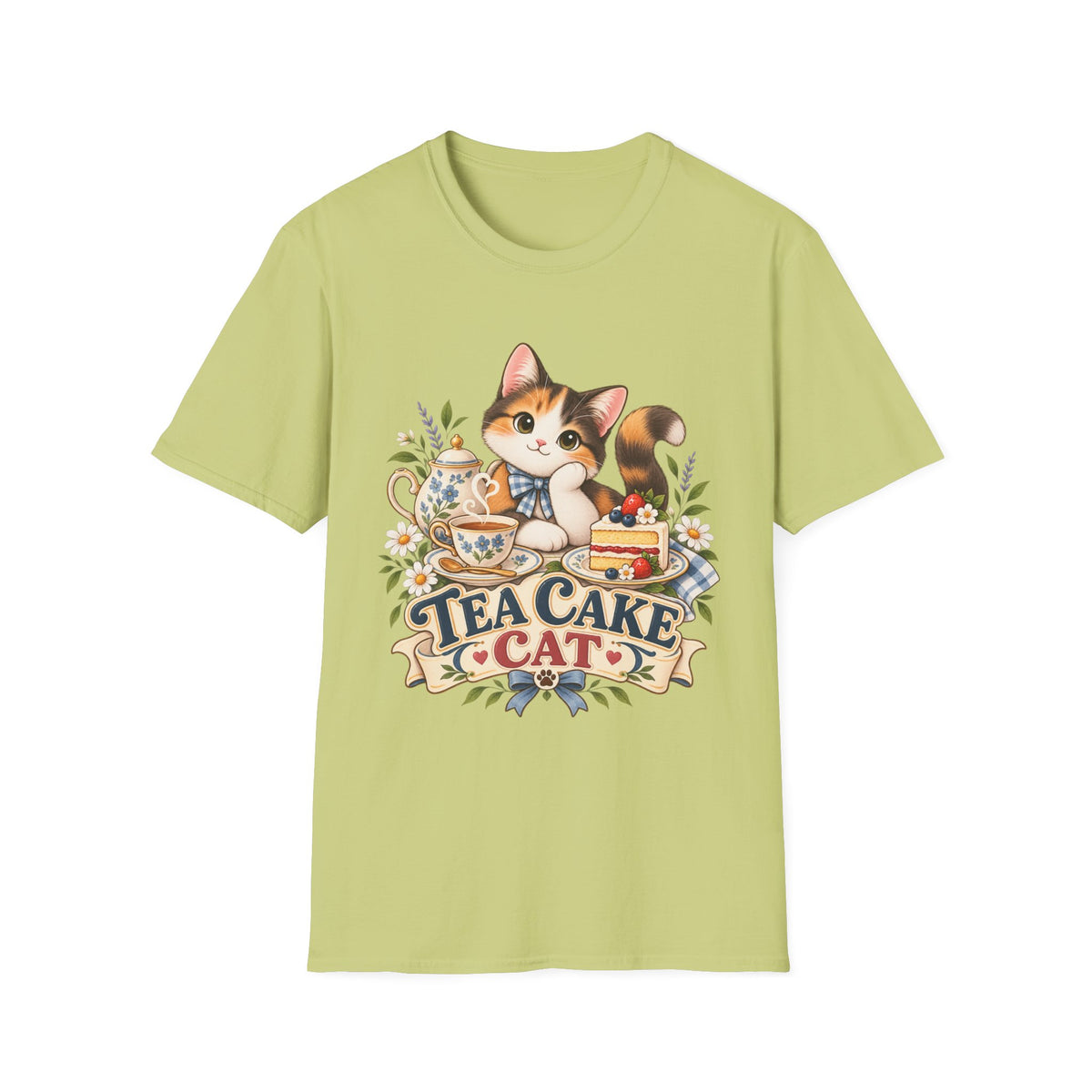 Tea Cake Cat T‑Shirt — Cute Calico Kitten Tea & Cake Graphic Tee