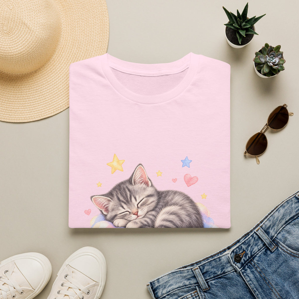 Sleeping Kitten T-Shirt — Cute Pastel Cat on Cloud Tee