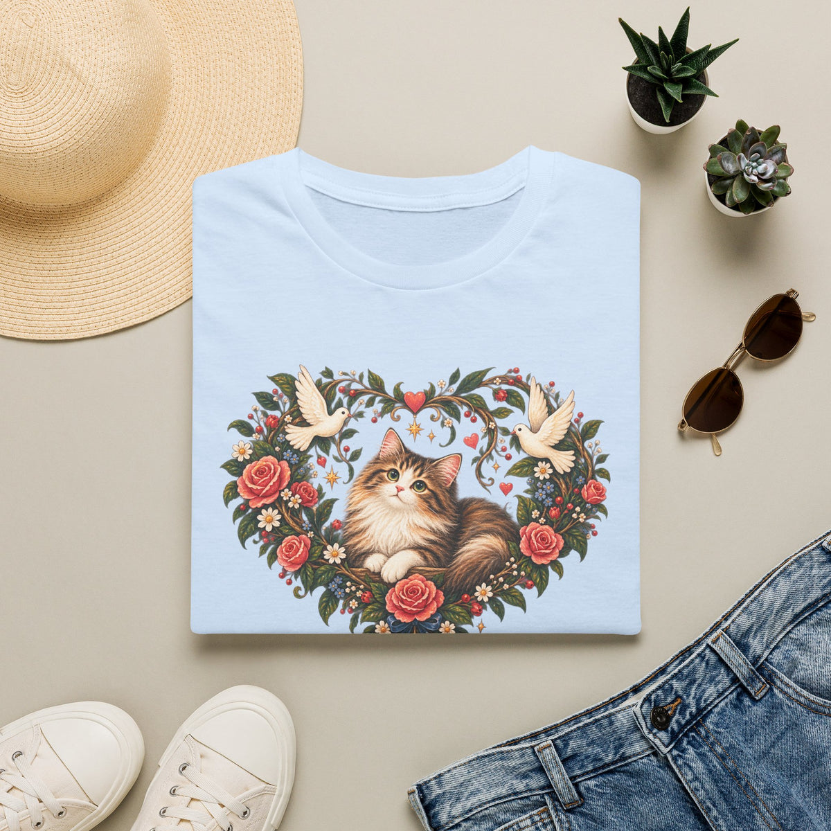 Cat Heart Floral T-Shirt — Vintage Rose & Dove Kitty Tee