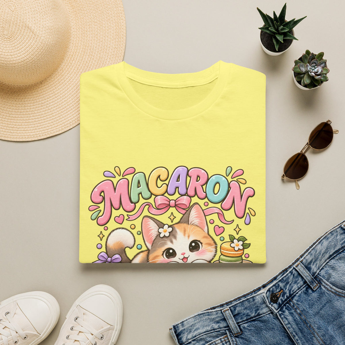 Macaron Mood T‑Shirt — Cute Kawaii Cat with Macarons Graphic