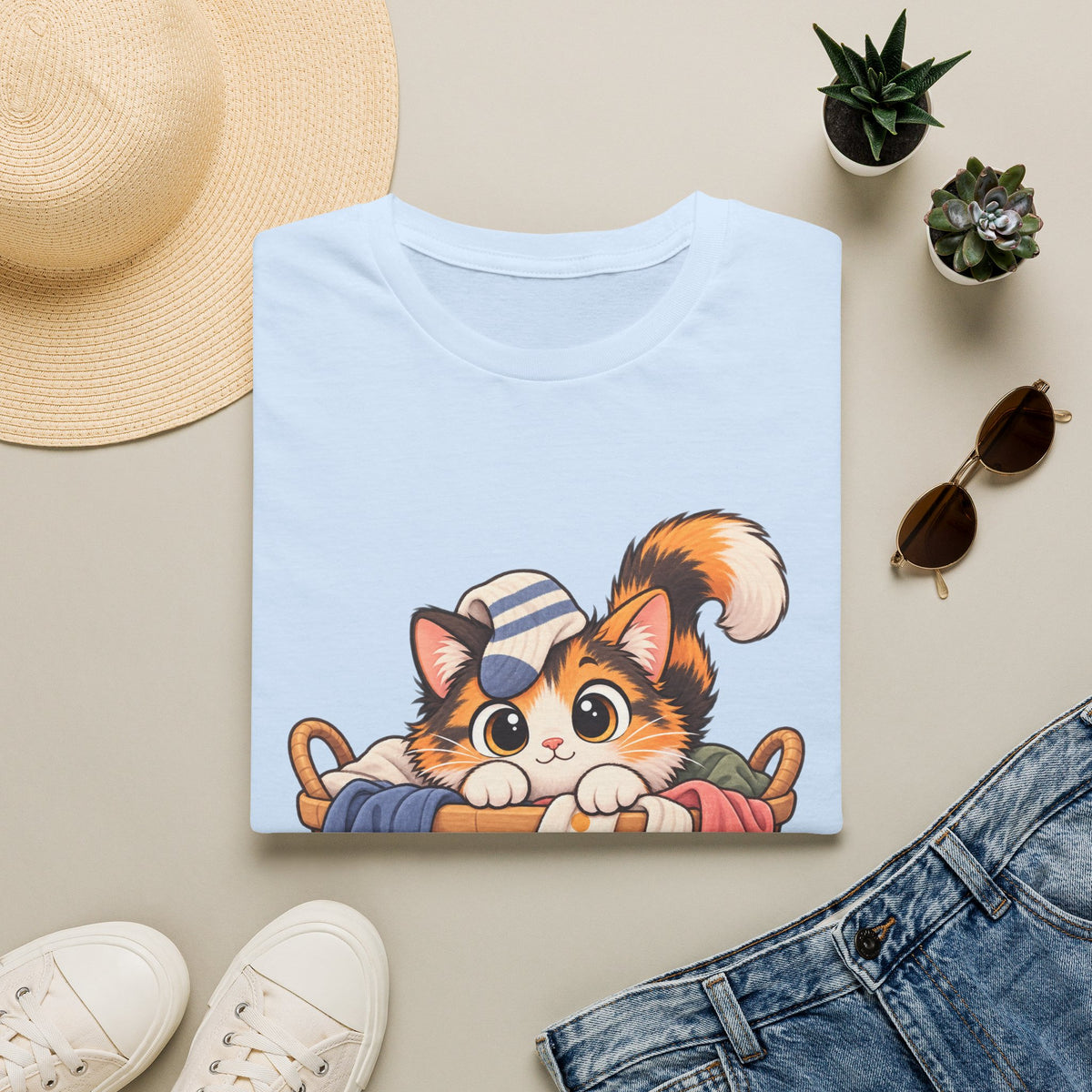 Cute Calico Cat in Laundry Basket T-Shirt