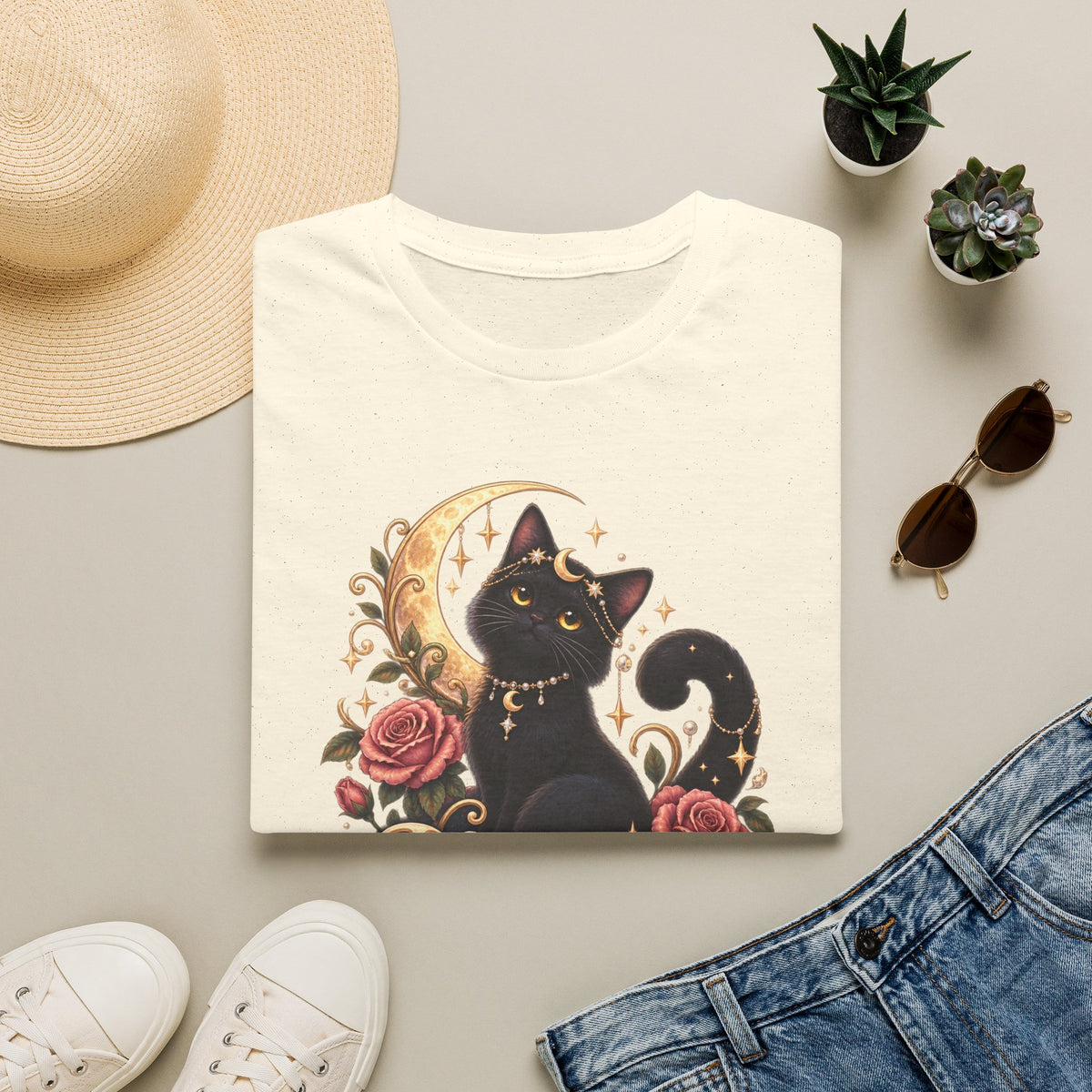Moonlit Meow T-Shirt — Black Cat with Crescent Moon & Roses