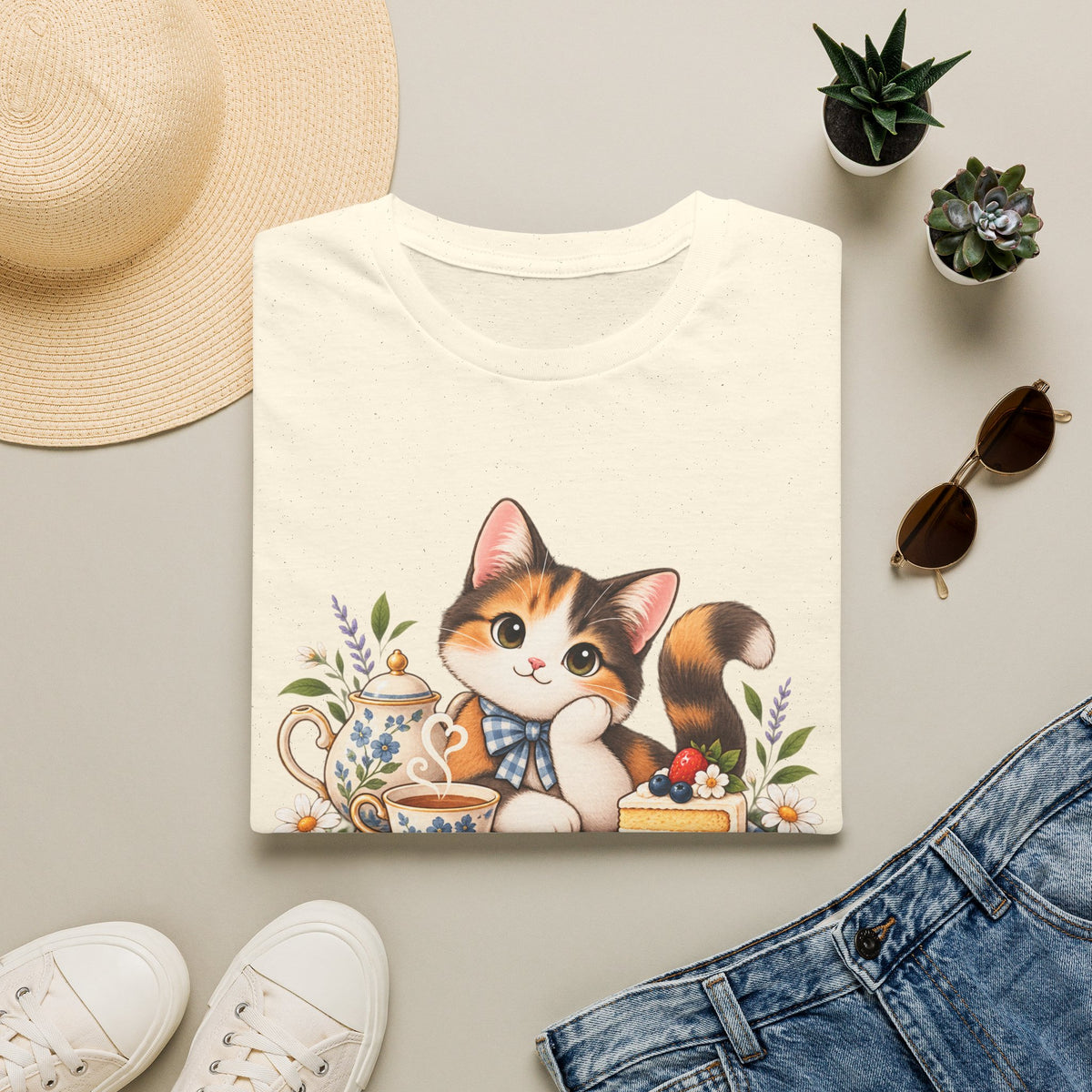 Tea Cake Cat T‑Shirt — Cute Calico Kitten Tea & Cake Graphic Tee