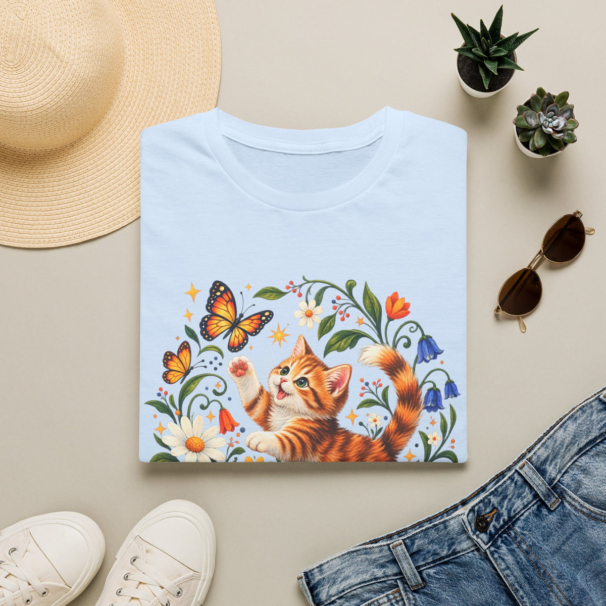 Cat and Butterflies T-Shirt — Whimsical Floral Kitten Tee