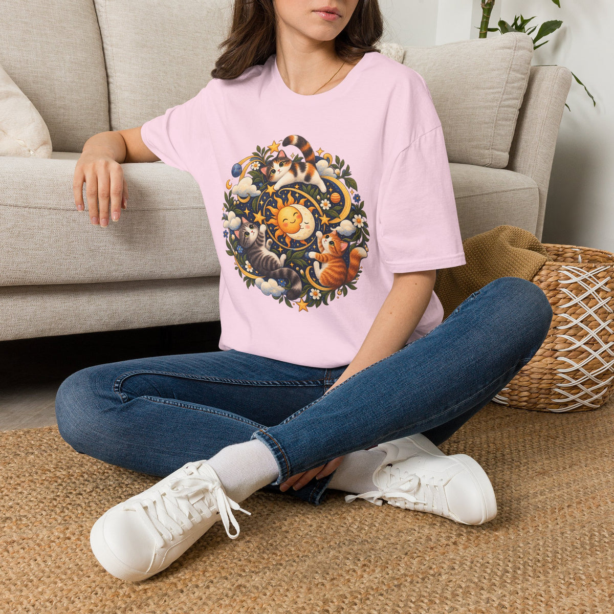 Celestial Cat Graphic Tee — Sun, Moon & Floral Vintage-Inspired T-Shirt