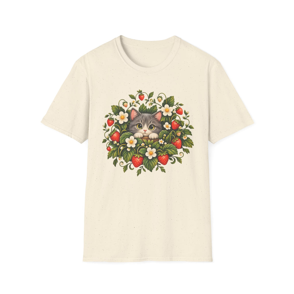 Cat in Strawberry Patch T-Shirt — Cute Floral Kitten Graphic Tee
