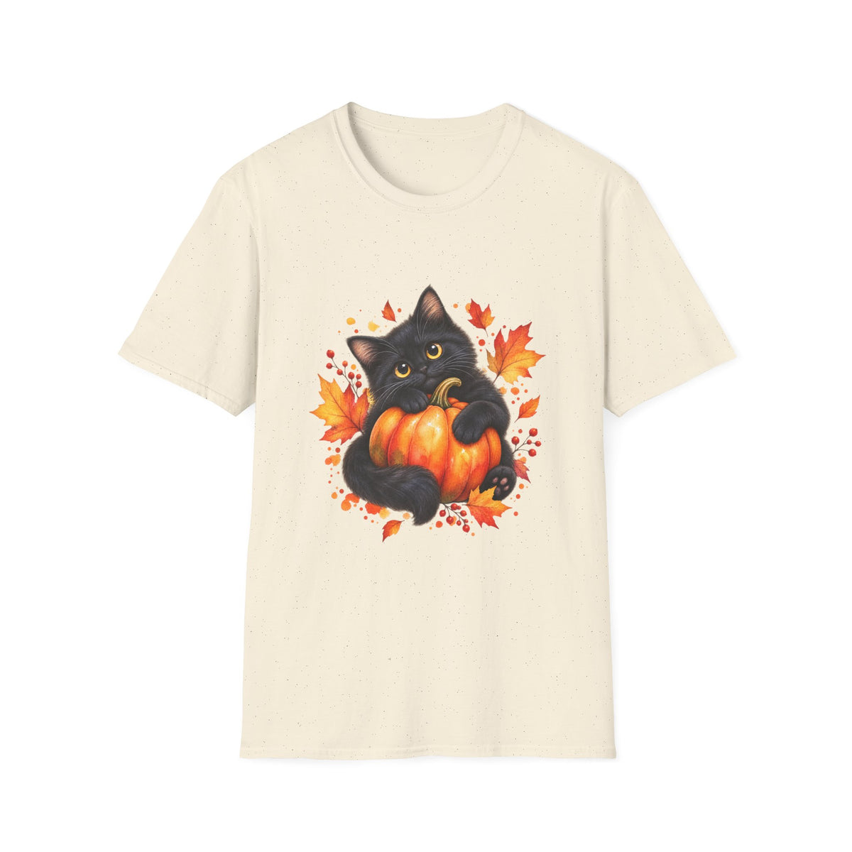 Black Cat Pumpkin T-Shirt — Cute Fall Halloween Tee with Autumn Leaves