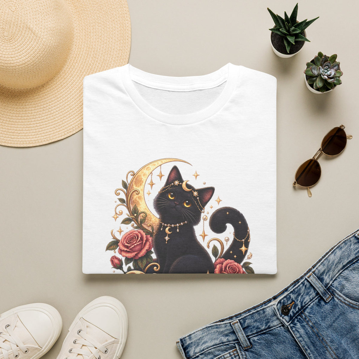 Moonlit Meow T-Shirt — Black Cat with Crescent Moon & Roses