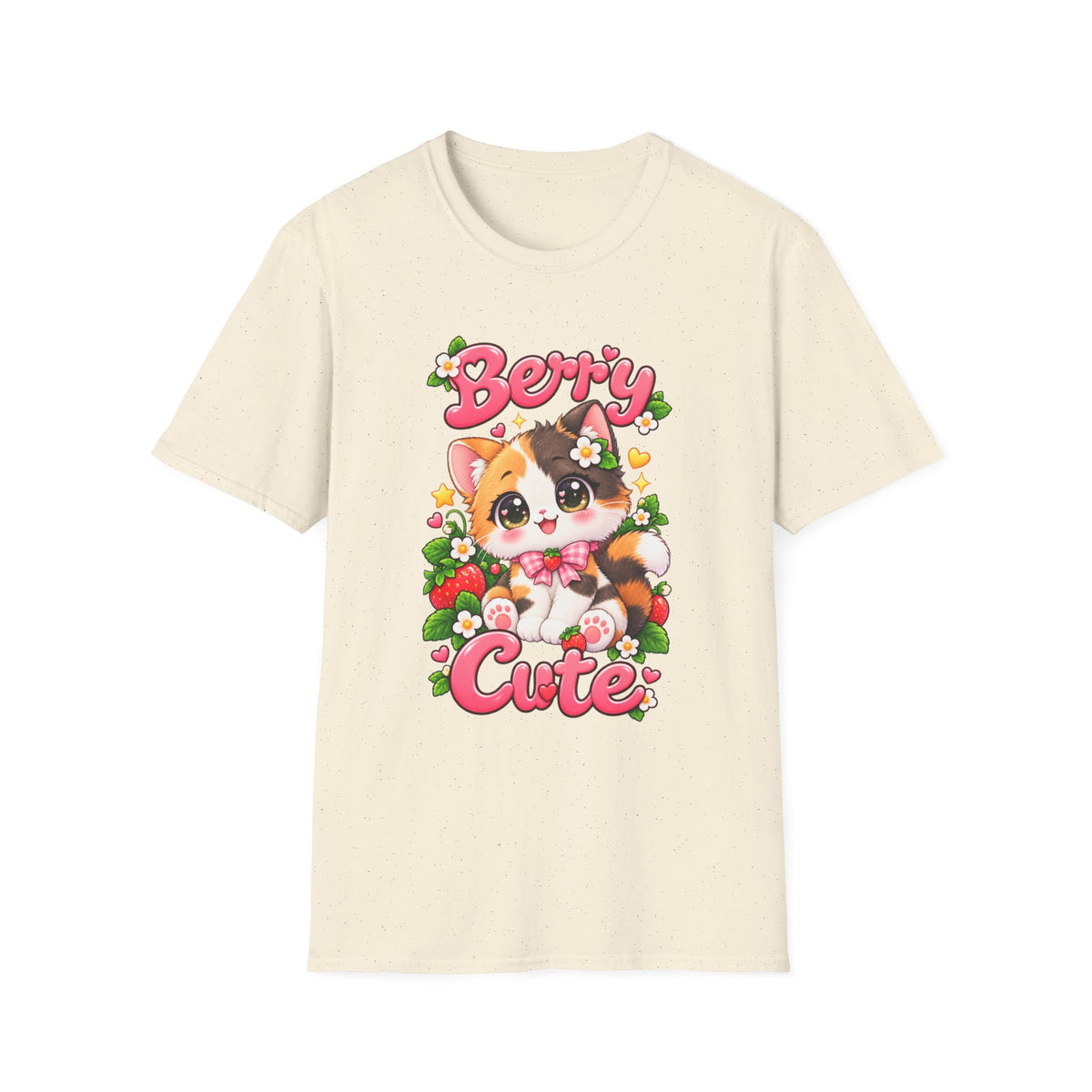 Cute Calico Cat 'Berry Cute' T-Shirt — Kawaii Fruit & Floral Graphic Tee