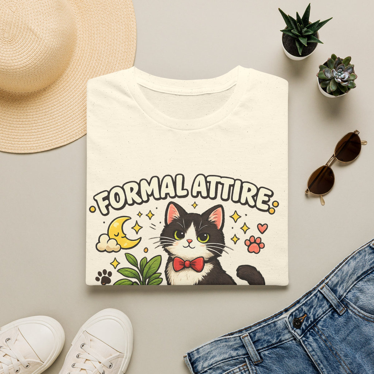 Cat T-Shirt — “Formal Attire, Questionable Decisions” Cute Cartoon Kitten Tee