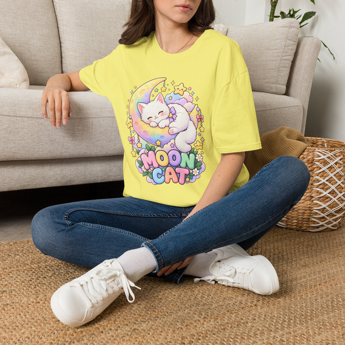 Moon Cat T-Shirt — Cute Sleeping Kitty on Crescent Moon