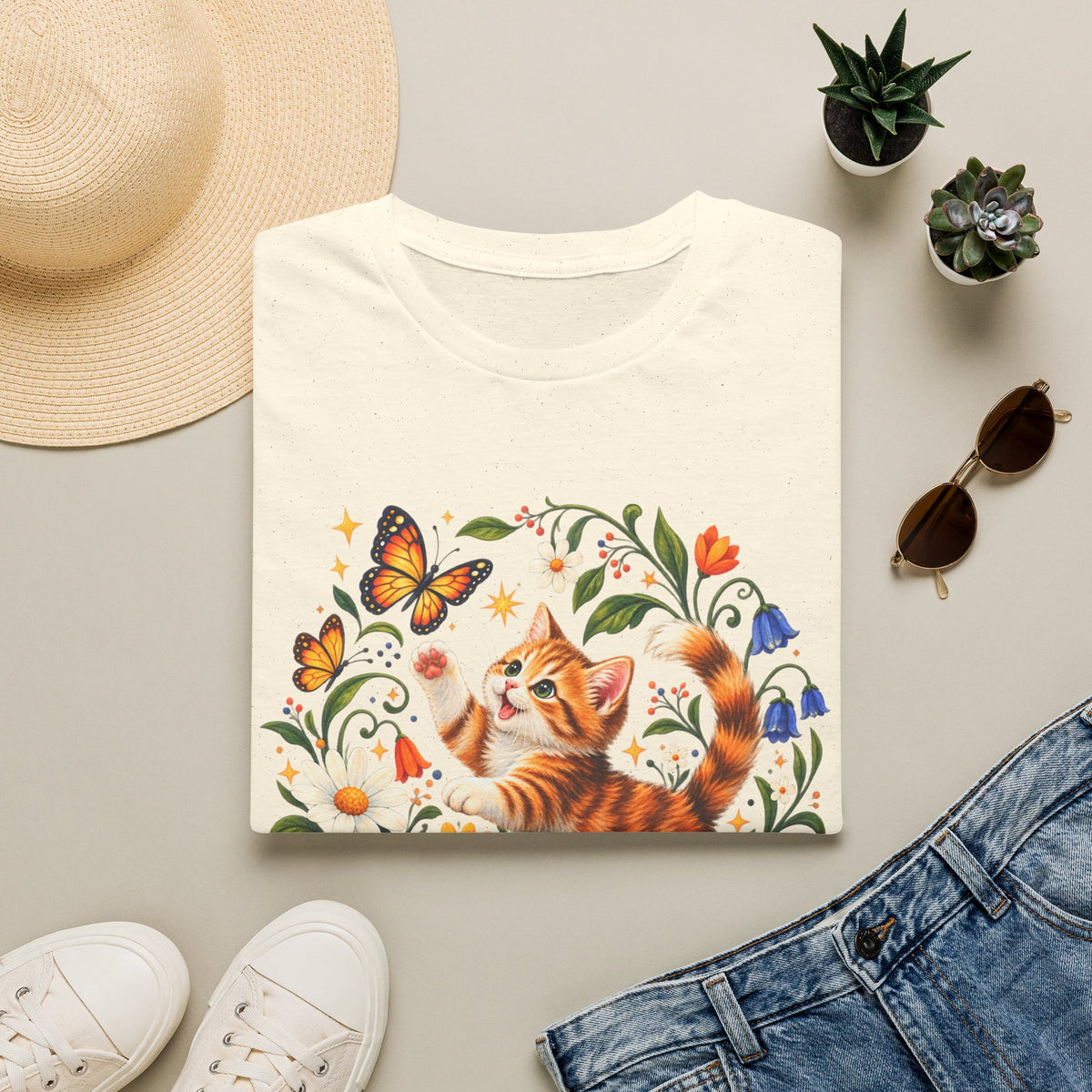Cat and Butterflies T-Shirt — Whimsical Floral Kitten Tee