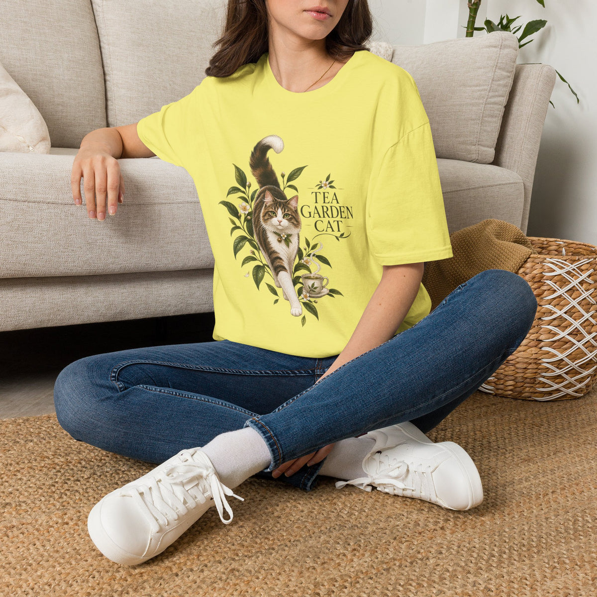 Tea Garden Cat T-Shirt — Cute Floral Cat Illustration Tee