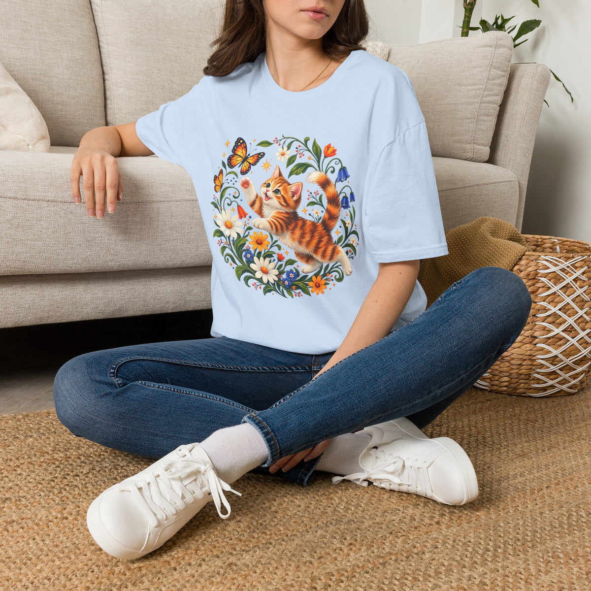 Cat and Butterflies T-Shirt — Whimsical Floral Kitten Tee
