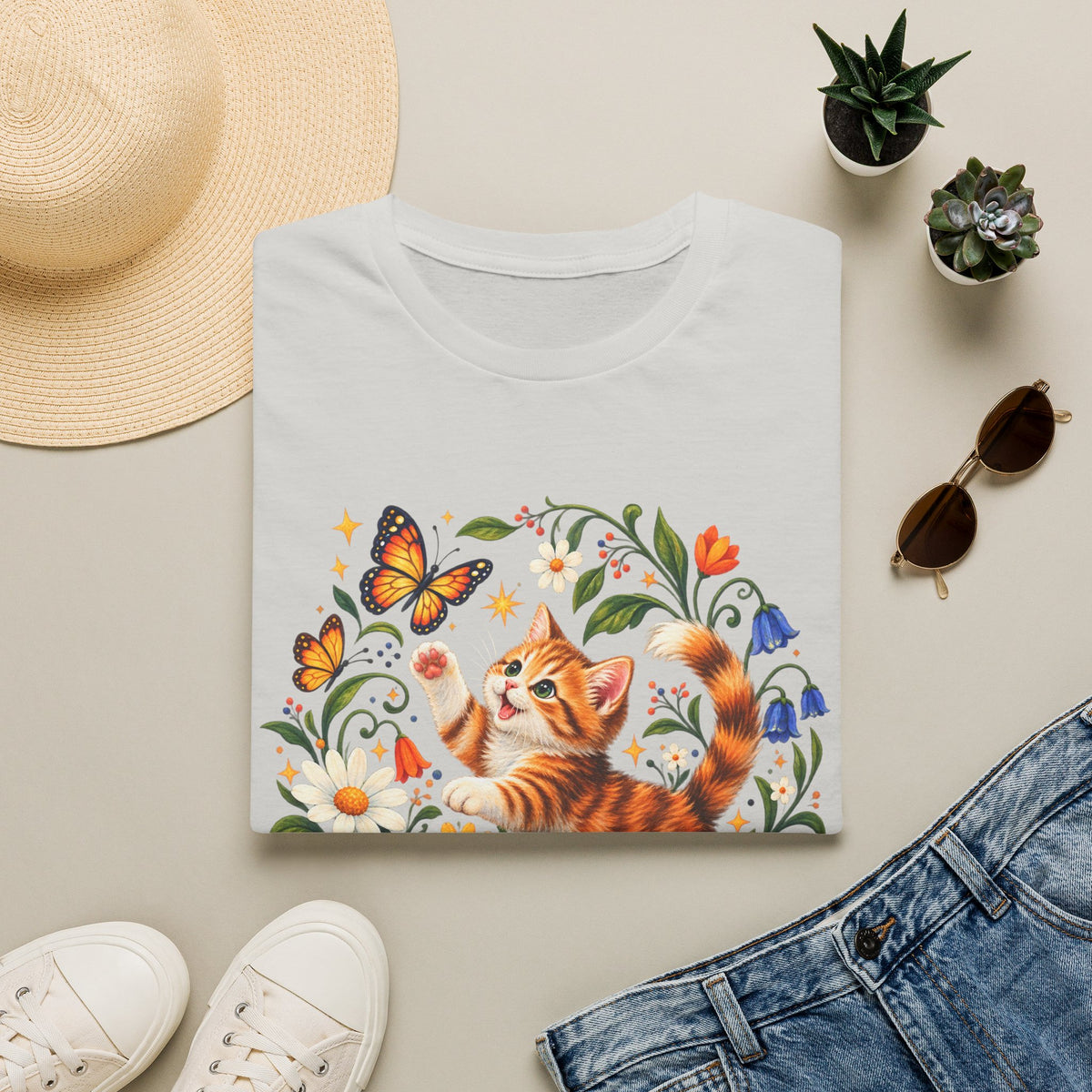 Cat and Butterflies T-Shirt — Whimsical Floral Kitten Tee