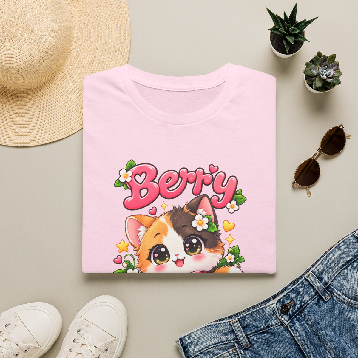 Cute Calico Cat 'Berry Cute' T-Shirt — Kawaii Fruit & Floral Graphic Tee