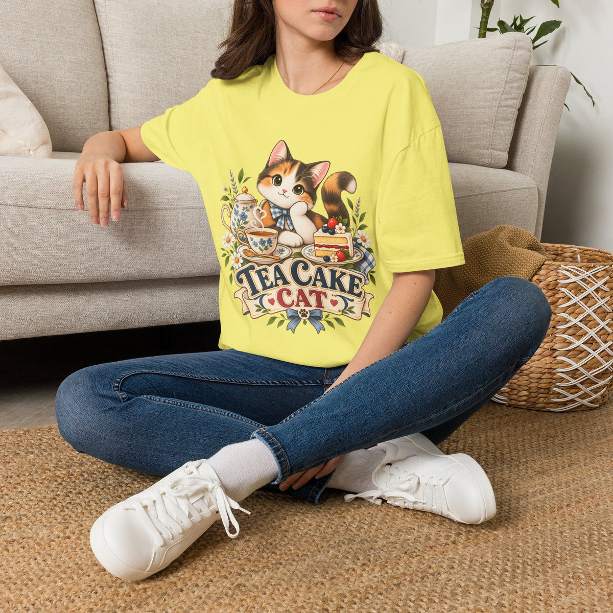 Tea Cake Cat T‑Shirt — Cute Calico Kitten Tea & Cake Graphic Tee