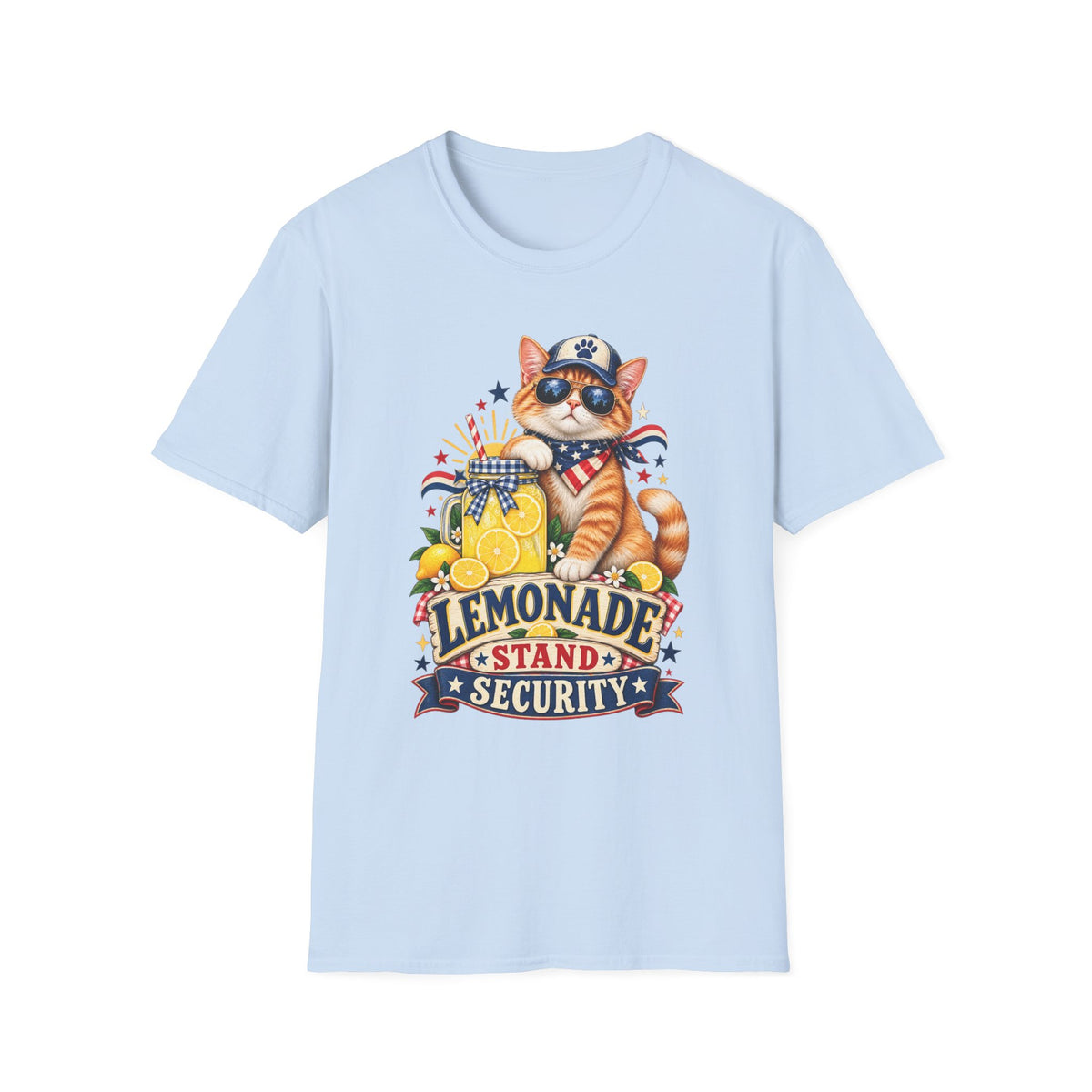 Patriotic Cat Lemonade Stand T-Shirt — "Lemonade Stand Security" Cute 4th of July Tee