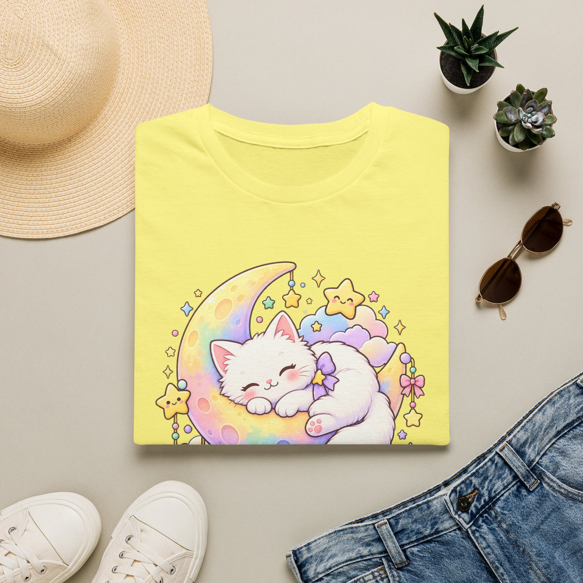 Moon Cat T-Shirt — Cute Sleeping Kitty on Crescent Moon