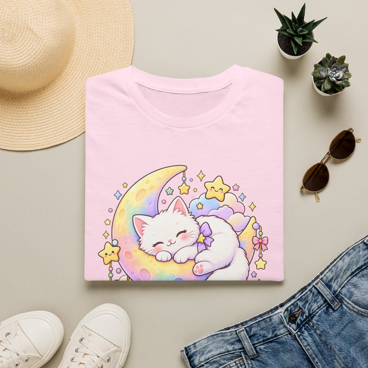 Moon Cat T-Shirt — Cute Sleeping Kitty on Crescent Moon