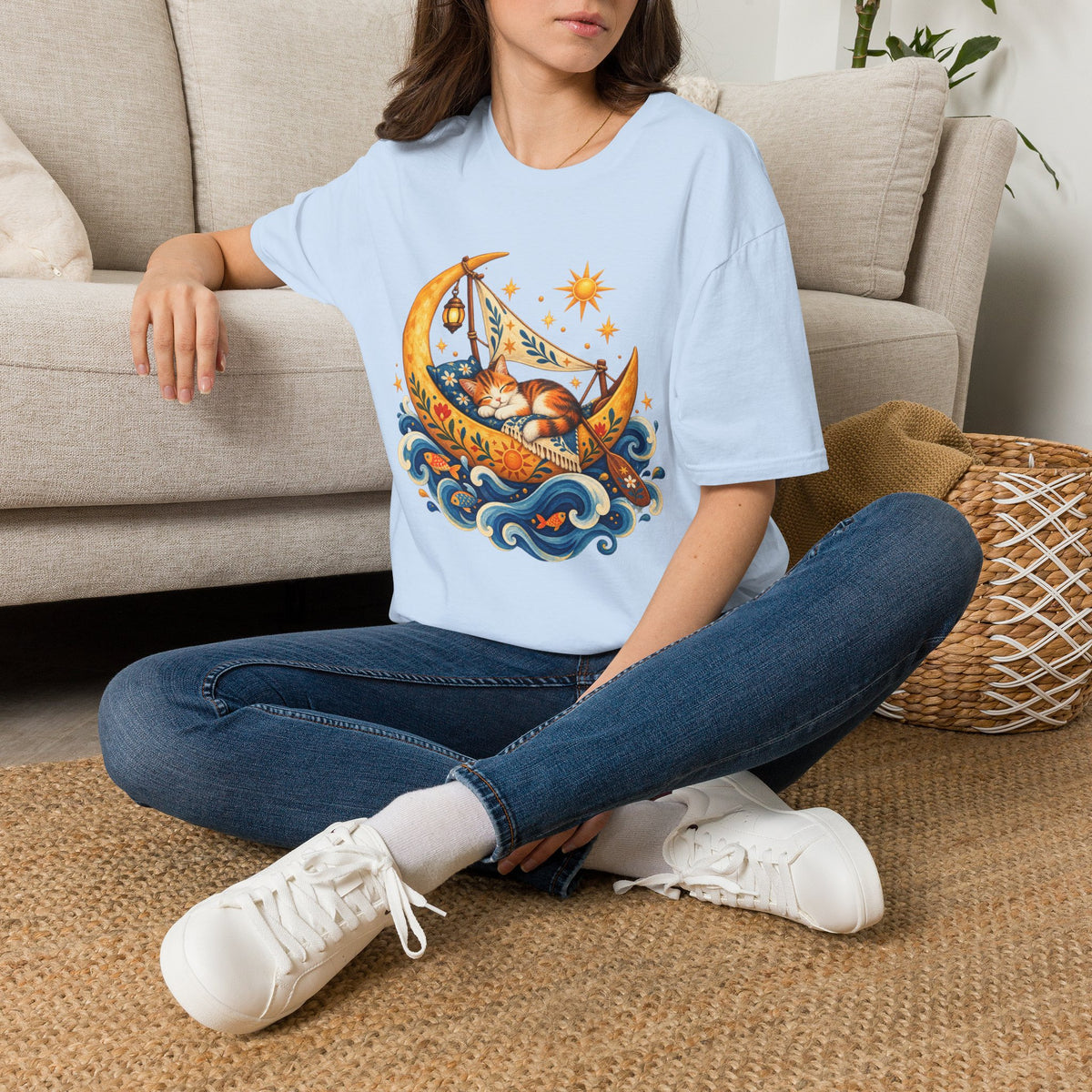 Cat on Crescent Moon T-Shirt — Whimsical Sleepy Cat Boho Tee