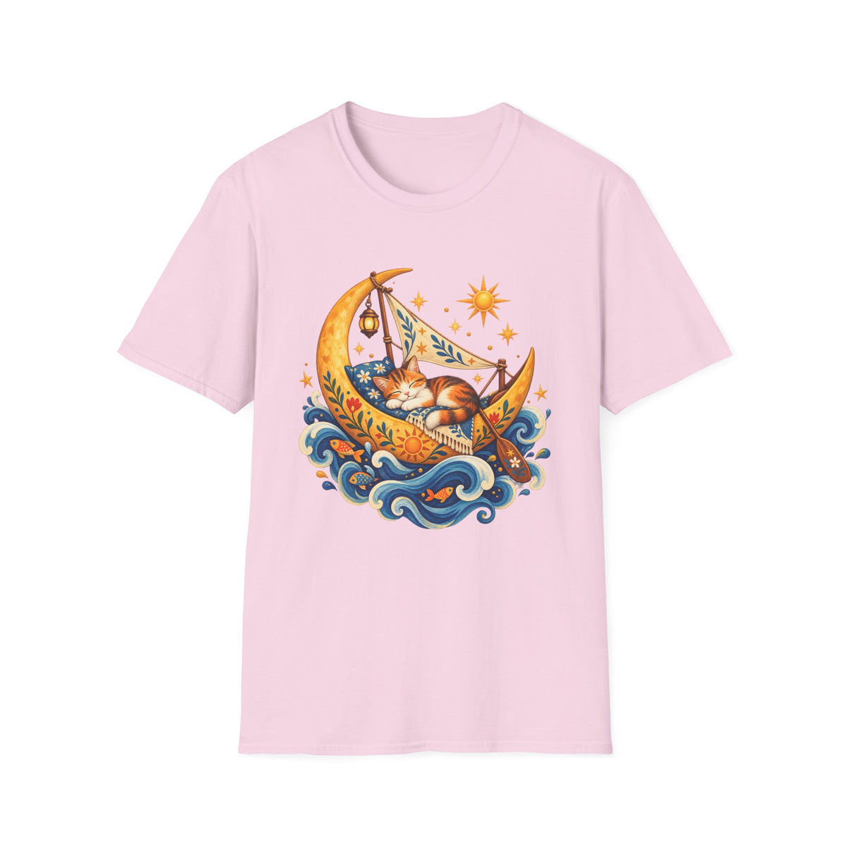 Cat on Crescent Moon T-Shirt — Whimsical Sleepy Cat Boho Tee