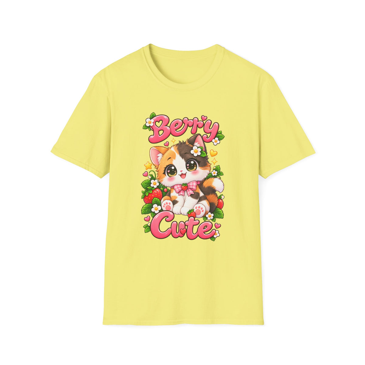 Cute Calico Cat 'Berry Cute' T-Shirt — Kawaii Fruit & Floral Graphic Tee