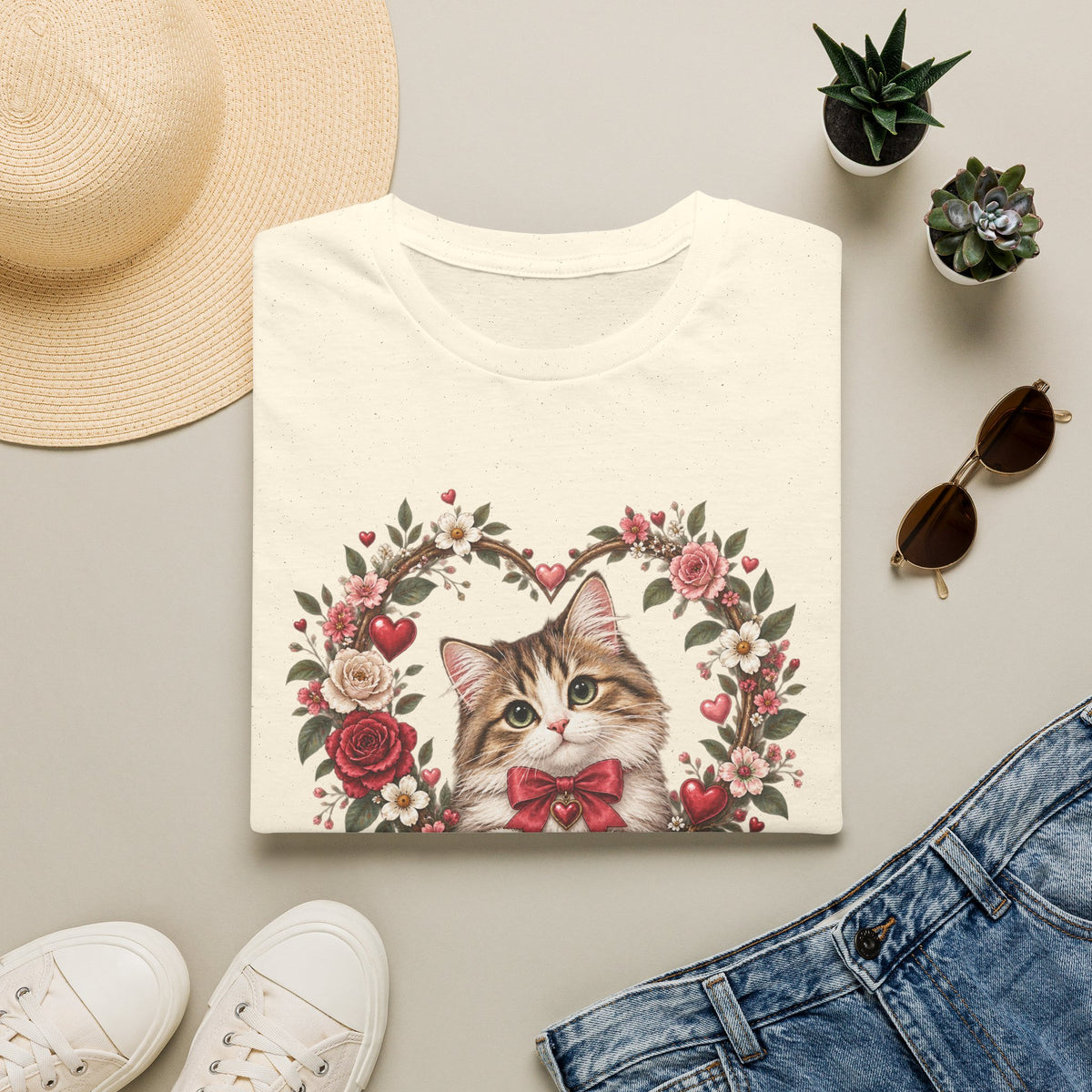 Valentine Cat T-Shirt – 'Valentine Whiskers' Floral Heart Kitten Tee
