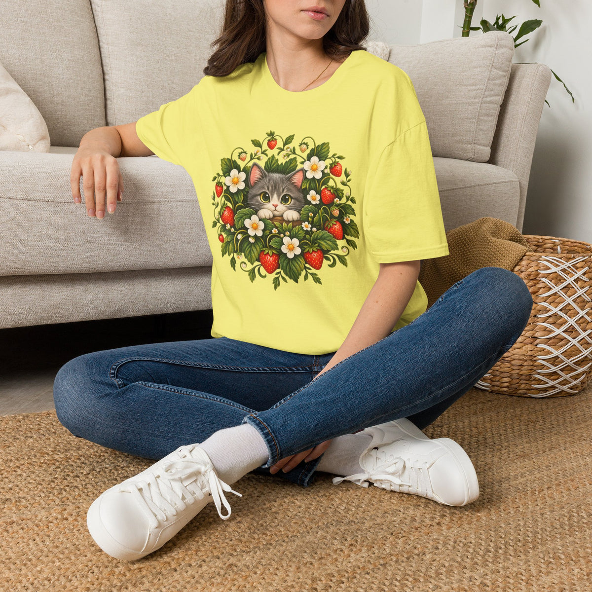Cat in Strawberry Patch T-Shirt — Cute Floral Kitten Graphic Tee