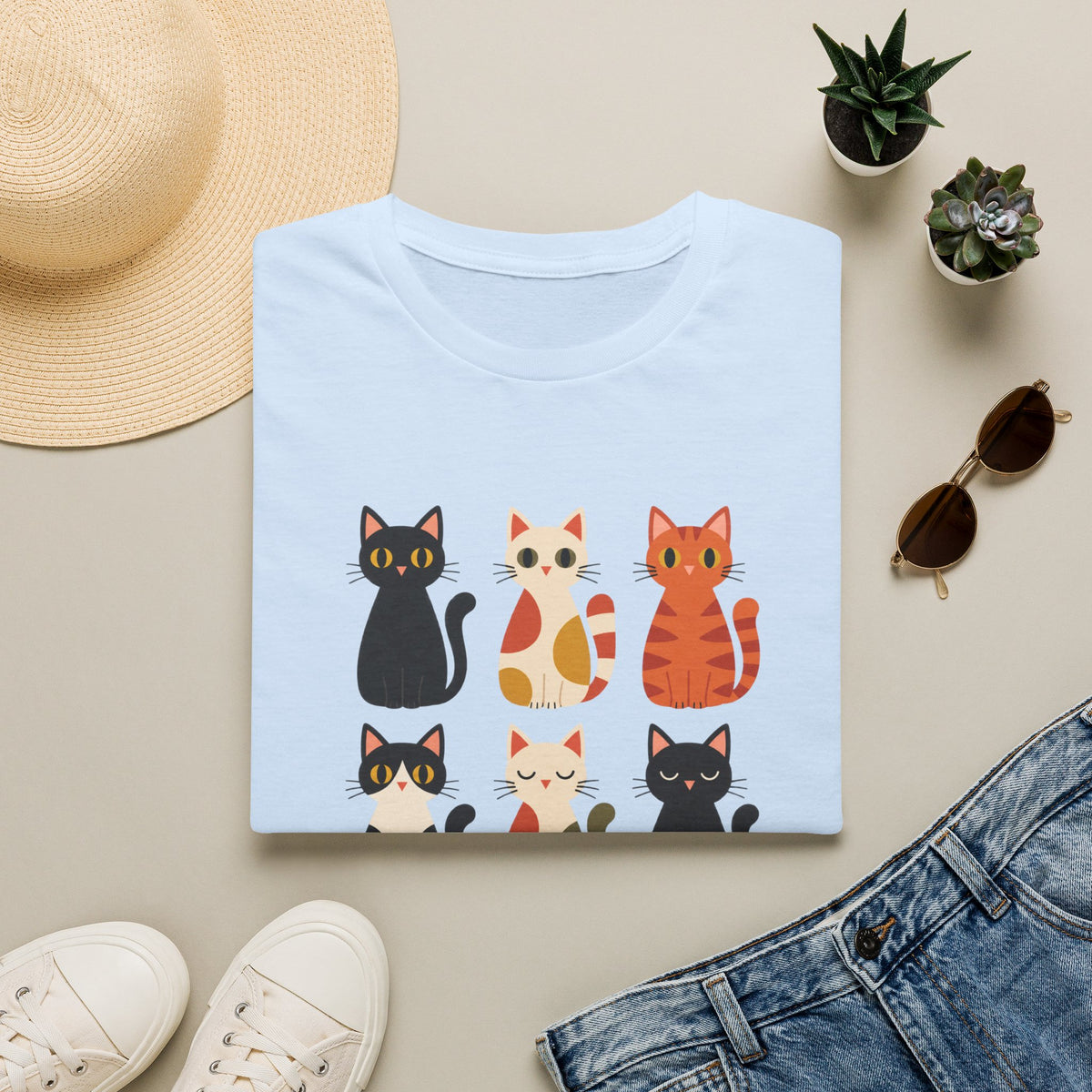 Cat Pattern T‑Shirt — Cute Row of Cartoon Cats Graphic Tee