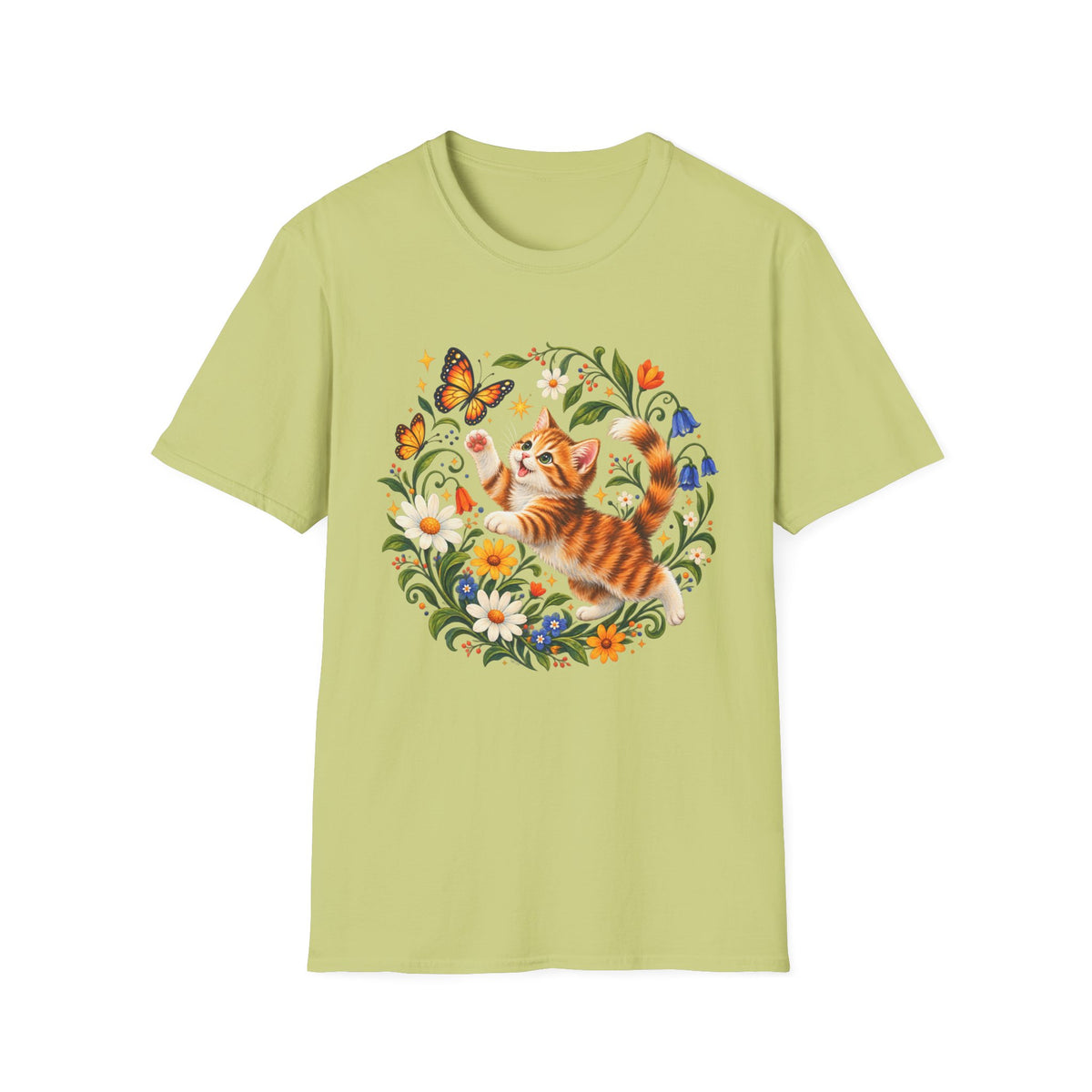 Cat and Butterflies T-Shirt — Whimsical Floral Kitten Tee