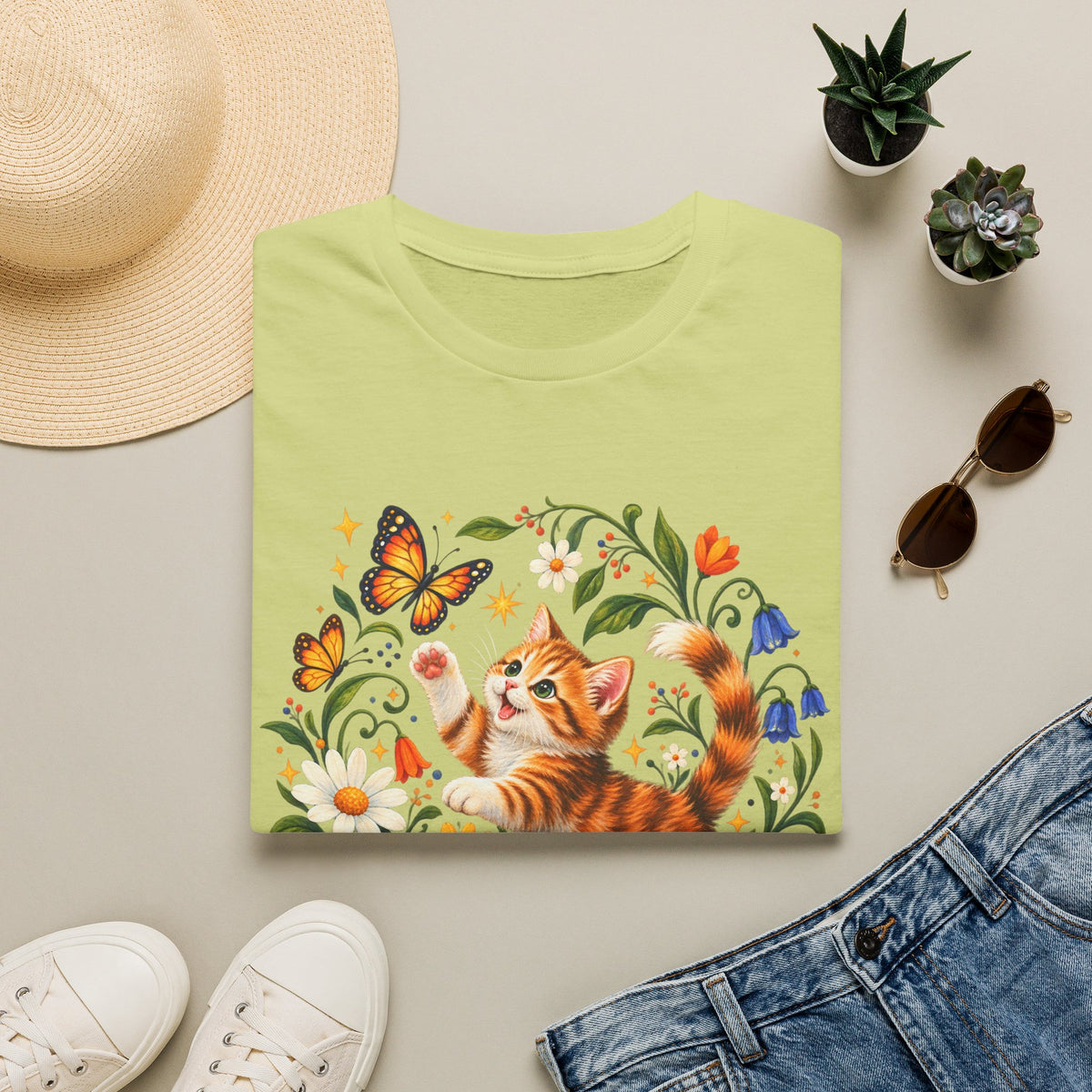 Cat and Butterflies T-Shirt — Whimsical Floral Kitten Tee