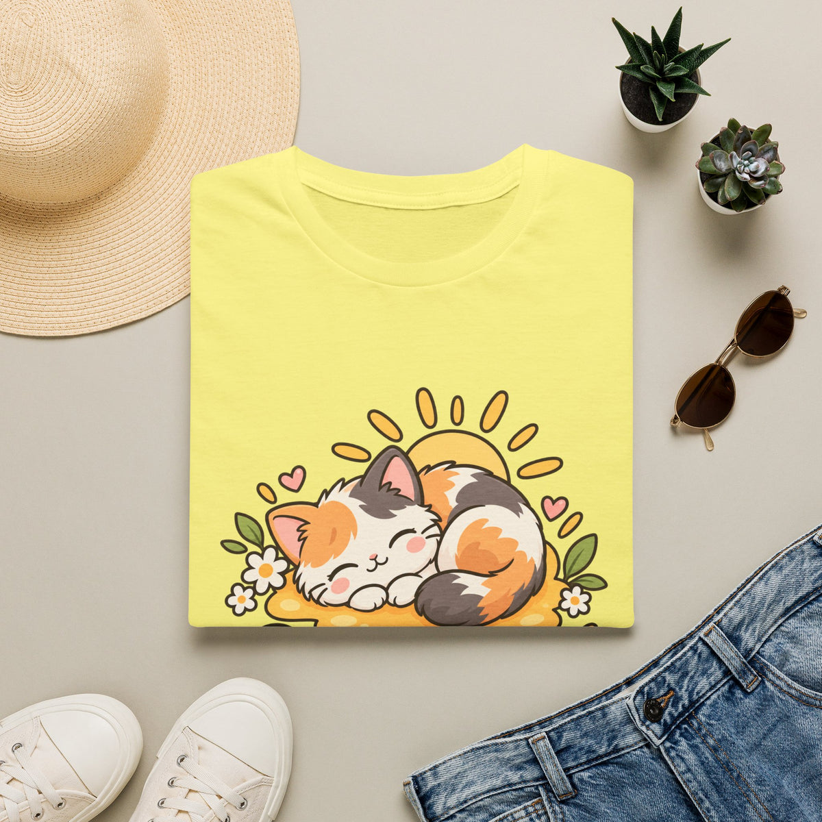 Cat T-Shirt — "Sunny Nap" Calico Cat Graphic Tee