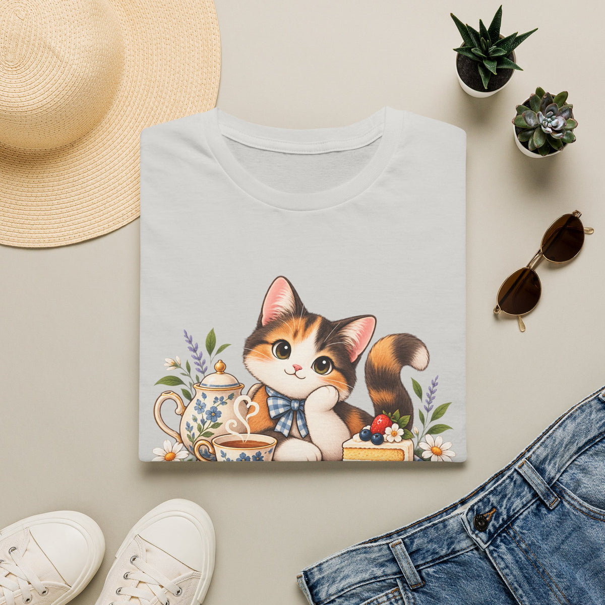 Tea Cake Cat T‑Shirt — Cute Calico Kitten Tea & Cake Graphic Tee