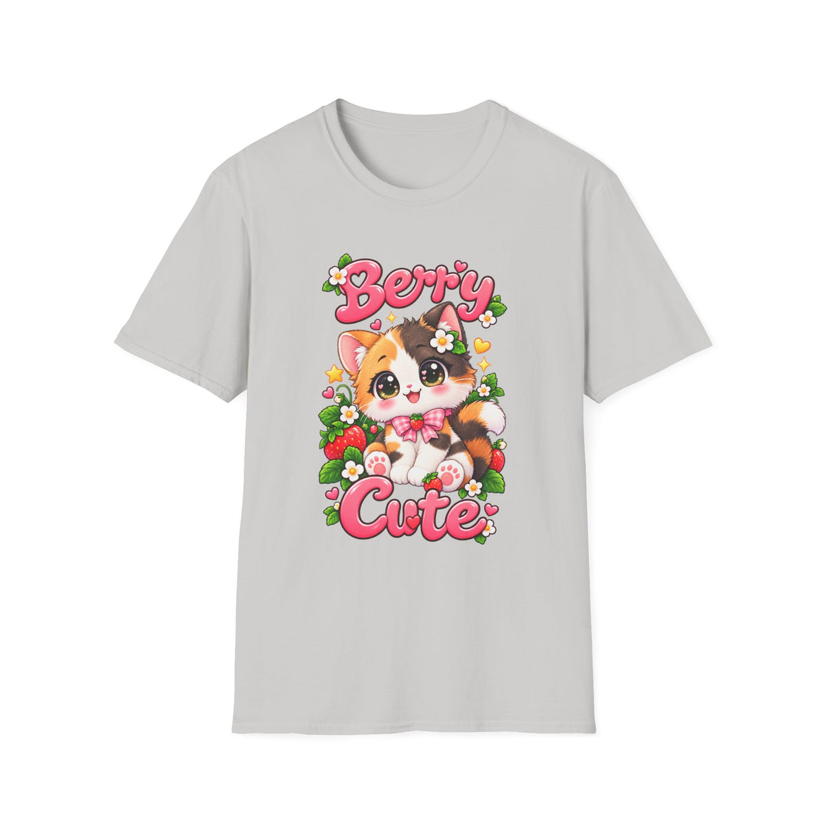 Cute Calico Cat 'Berry Cute' T-Shirt — Kawaii Fruit & Floral Graphic Tee