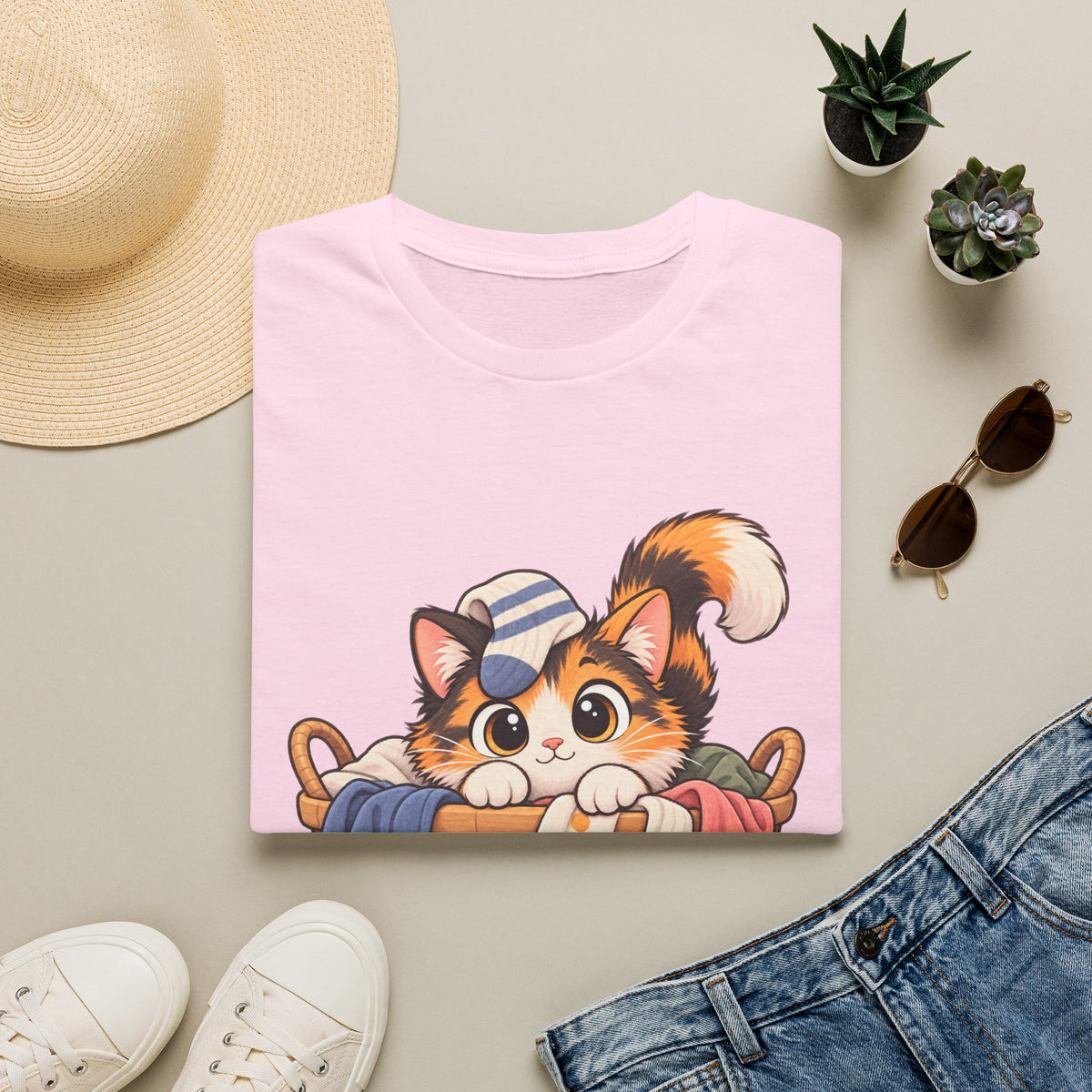Cute Calico Cat in Laundry Basket T-Shirt
