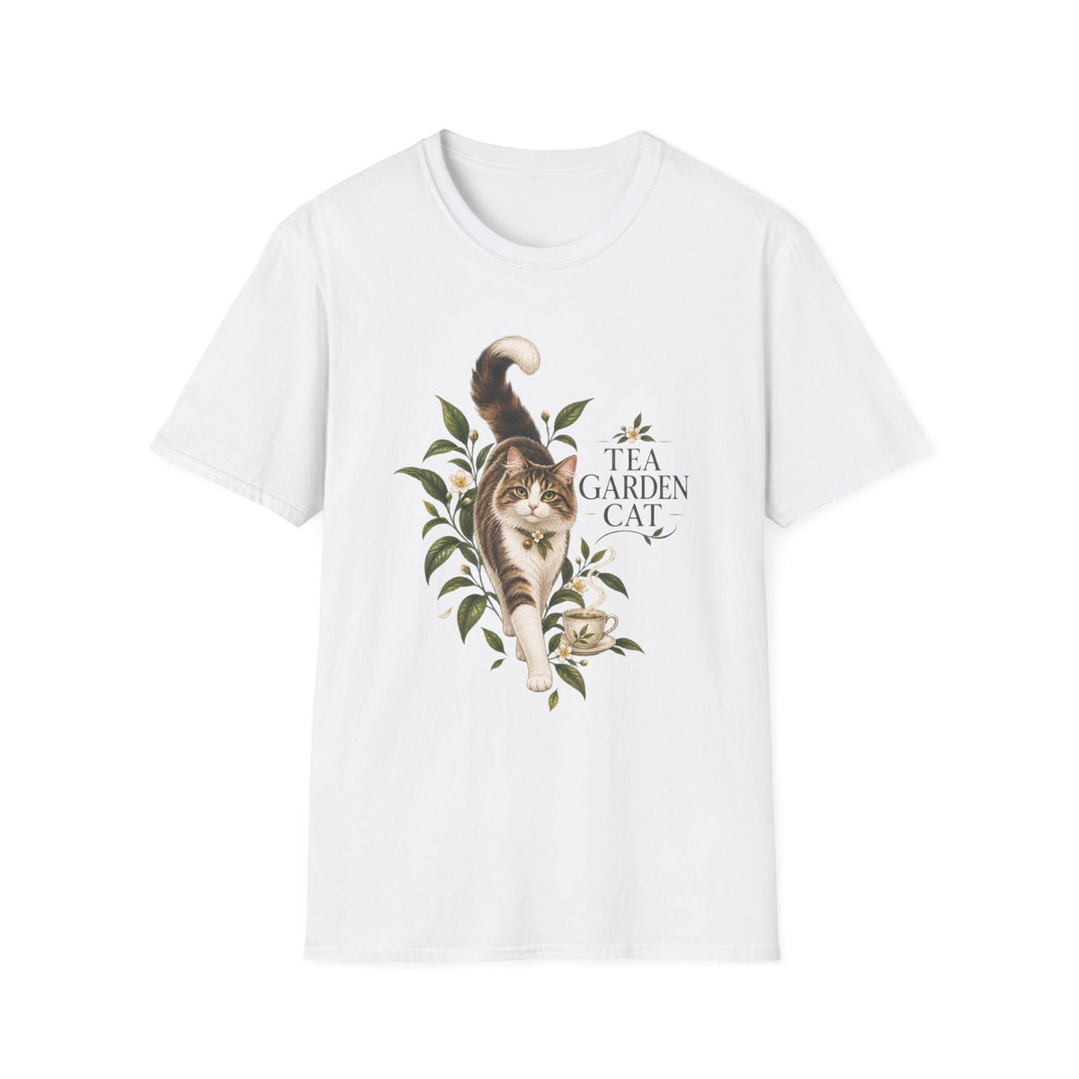 Tea Garden Cat T-Shirt — Cute Floral Cat Illustration Tee